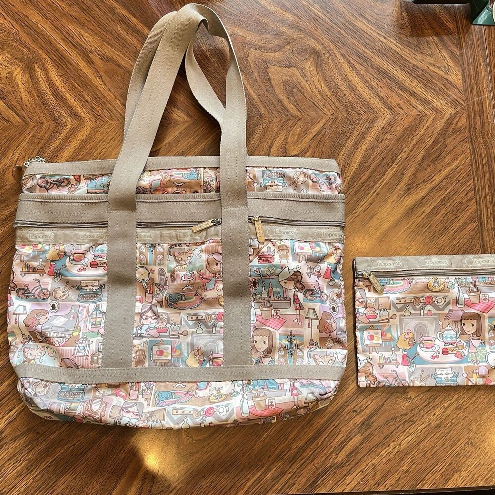 Lesportsac Home Travel Tote Pouch Taupe Pink Gray Hobby Tea Art Piano